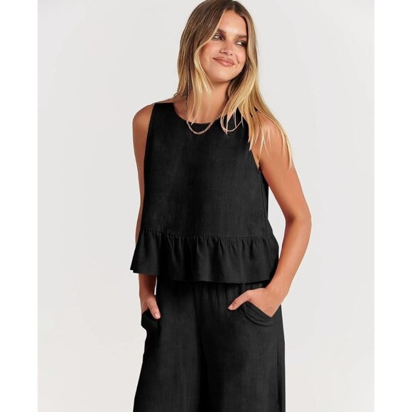 Prinbara Cropped Ruffle Tank Top Sleeveless Linen Blend Black XL - Picture 3 of 12